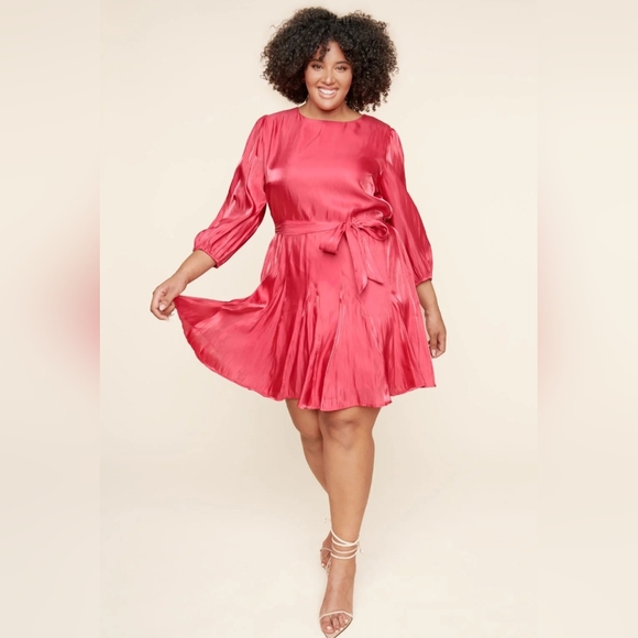 Sugarlips Curve Womens Plus 3/4 Balloon Sleeve Satin Mini Dress: Pink Tropical - Picture 13 of 14